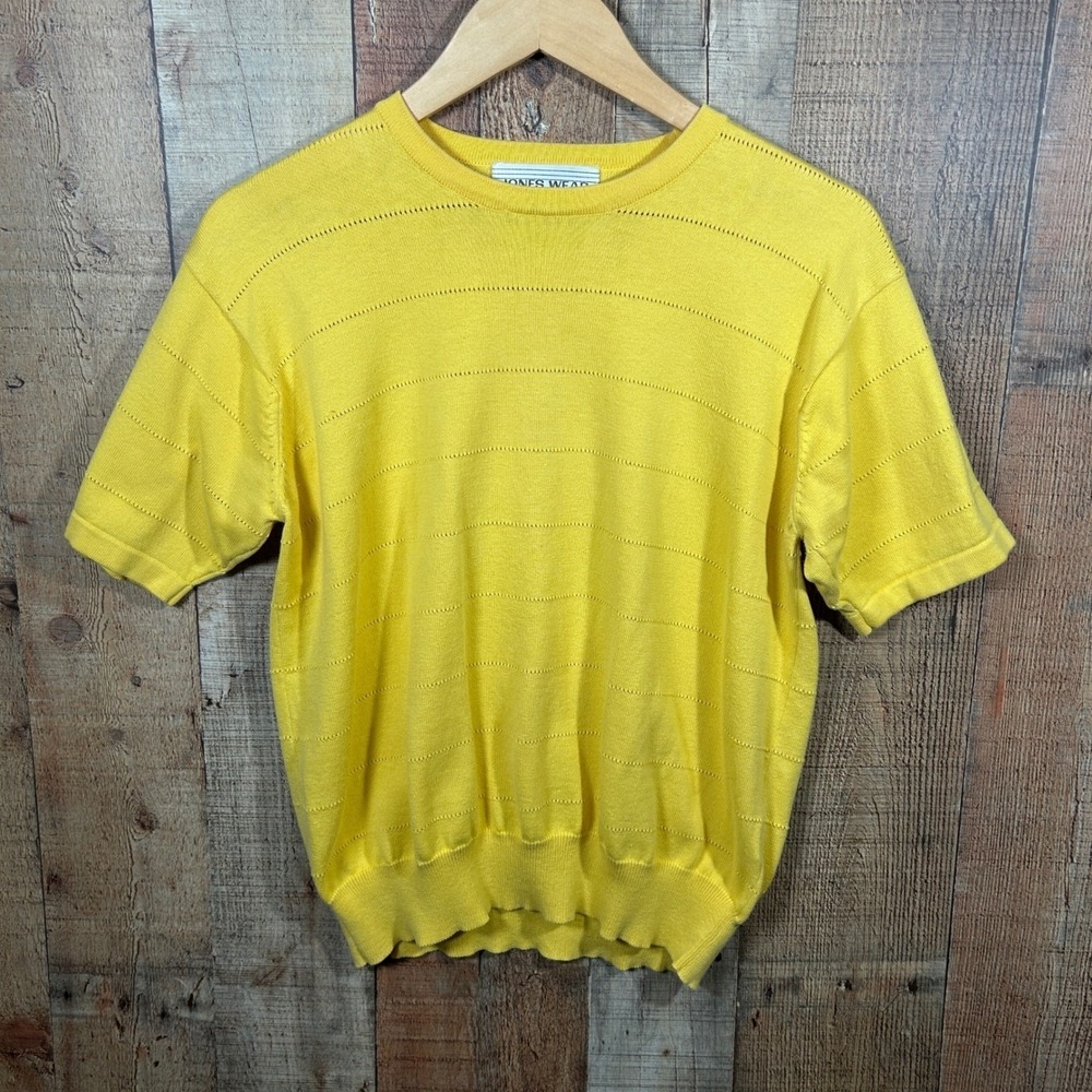 Vintage Jones Wear L Yellow Textured Pointelle Short Sleeve Knit Sweater Top 90s